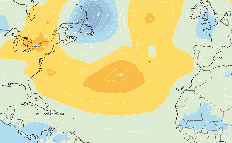 Prévisions de pressions atmosphériques Atlantique Nord