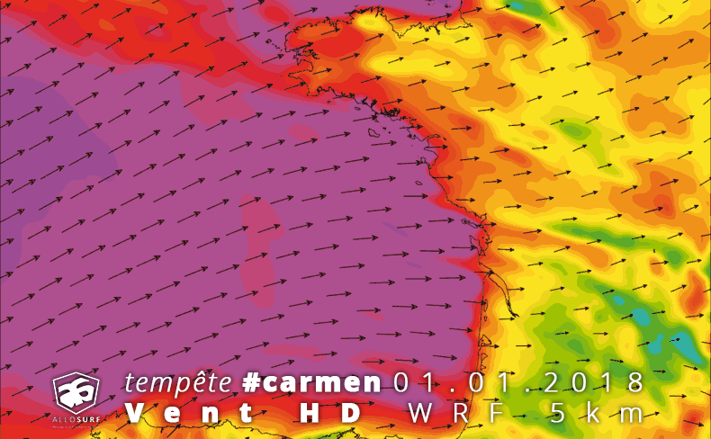 Prévisions de vent WRF 5km golfe de gascogne