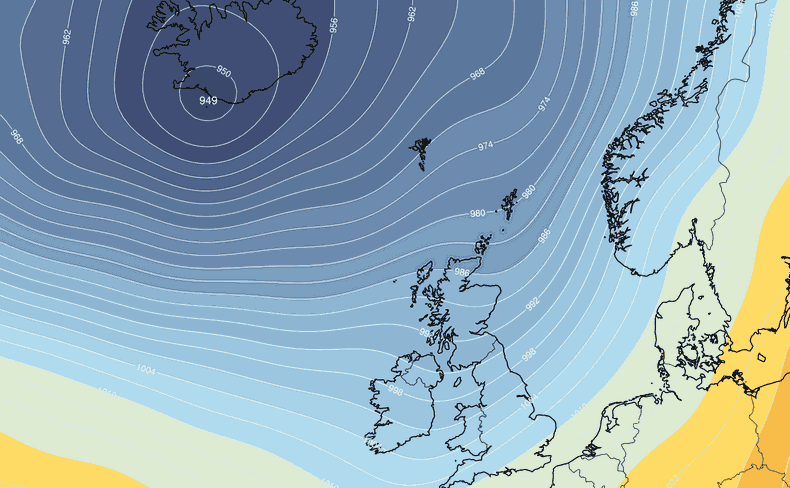Prévisions pressions atmosphériques Islande Atlantique Nord